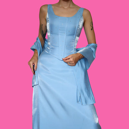 Silky baby blue 3 piece corset, skirt & shawl UK 12