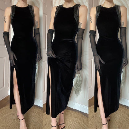 After Six black velvet beaded evening dress UK 14