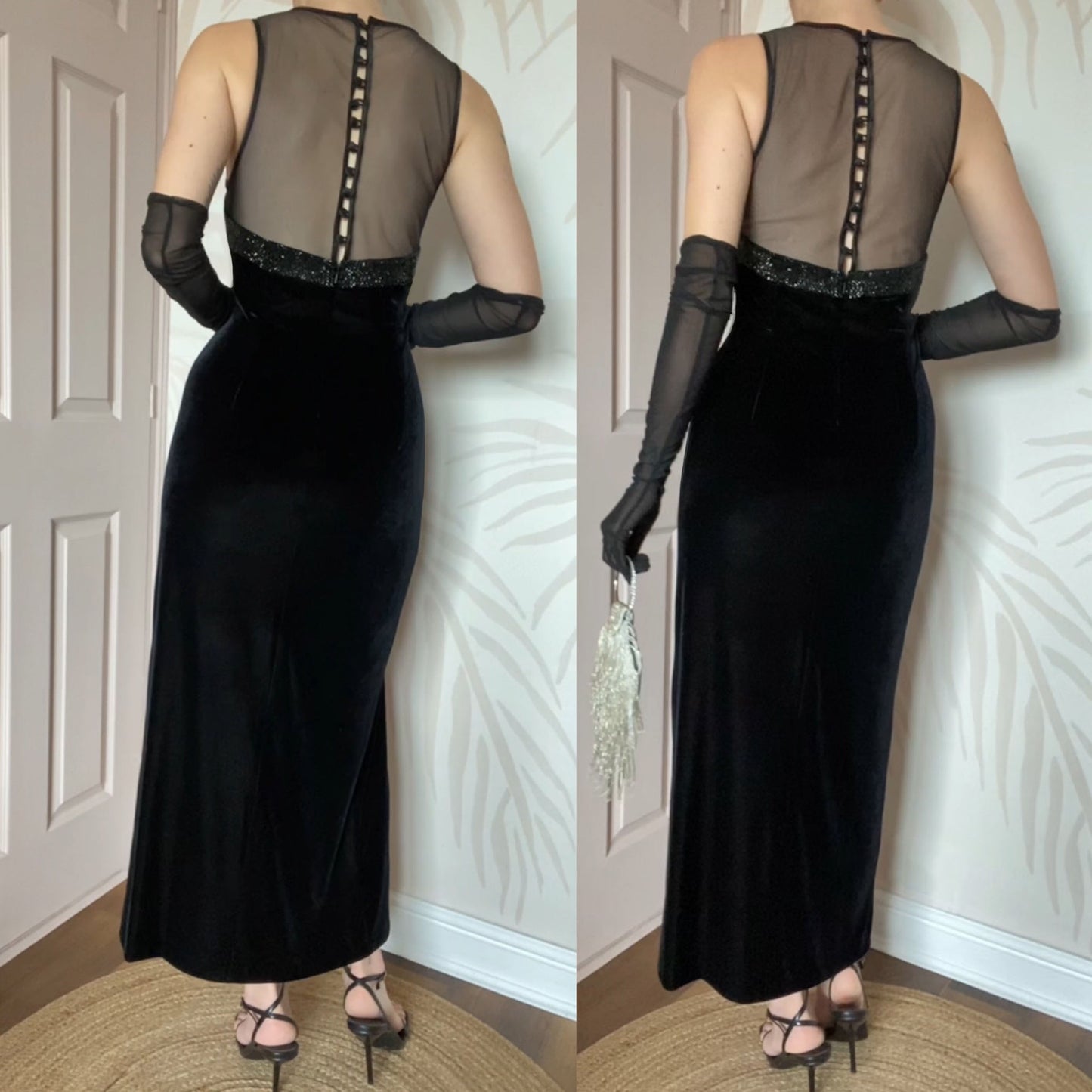 After Six black velvet beaded evening dress UK 14