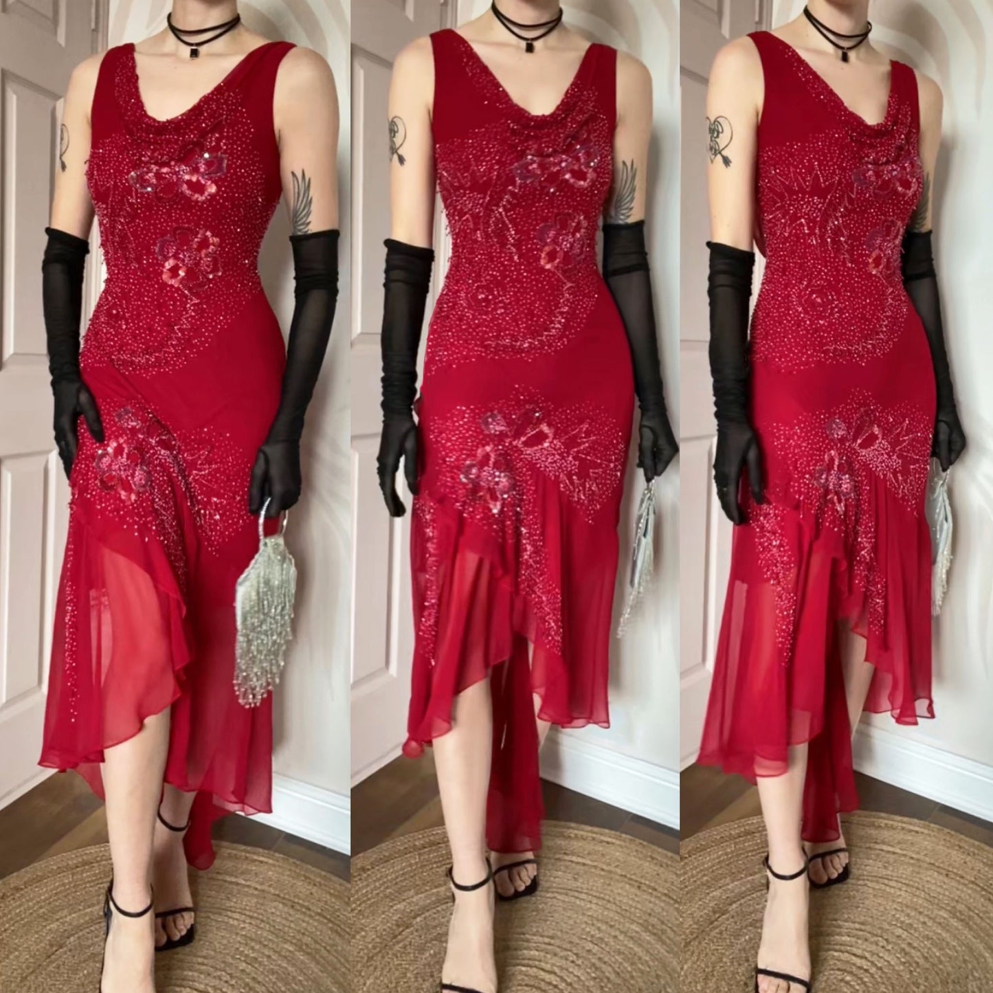 John Charles red beaded evening dress UK 12