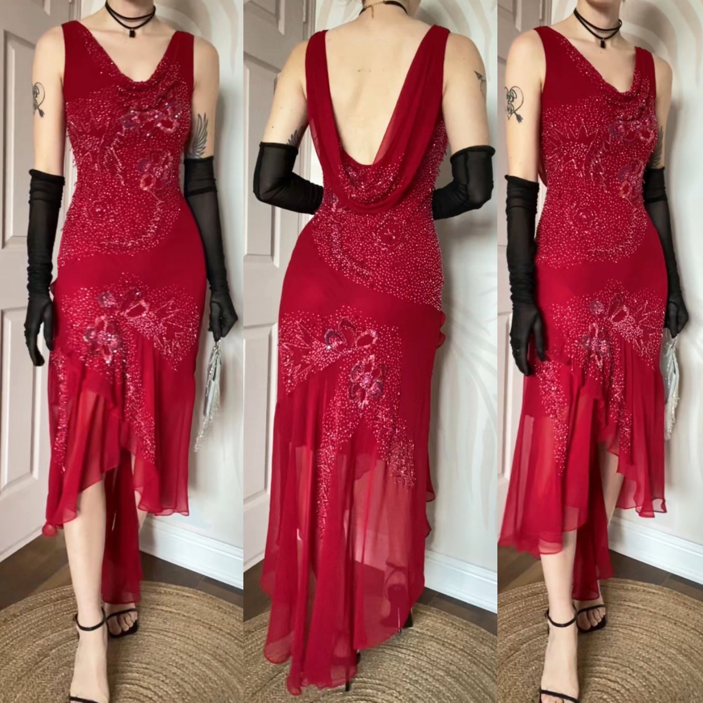 John Charles red beaded evening dress UK 12