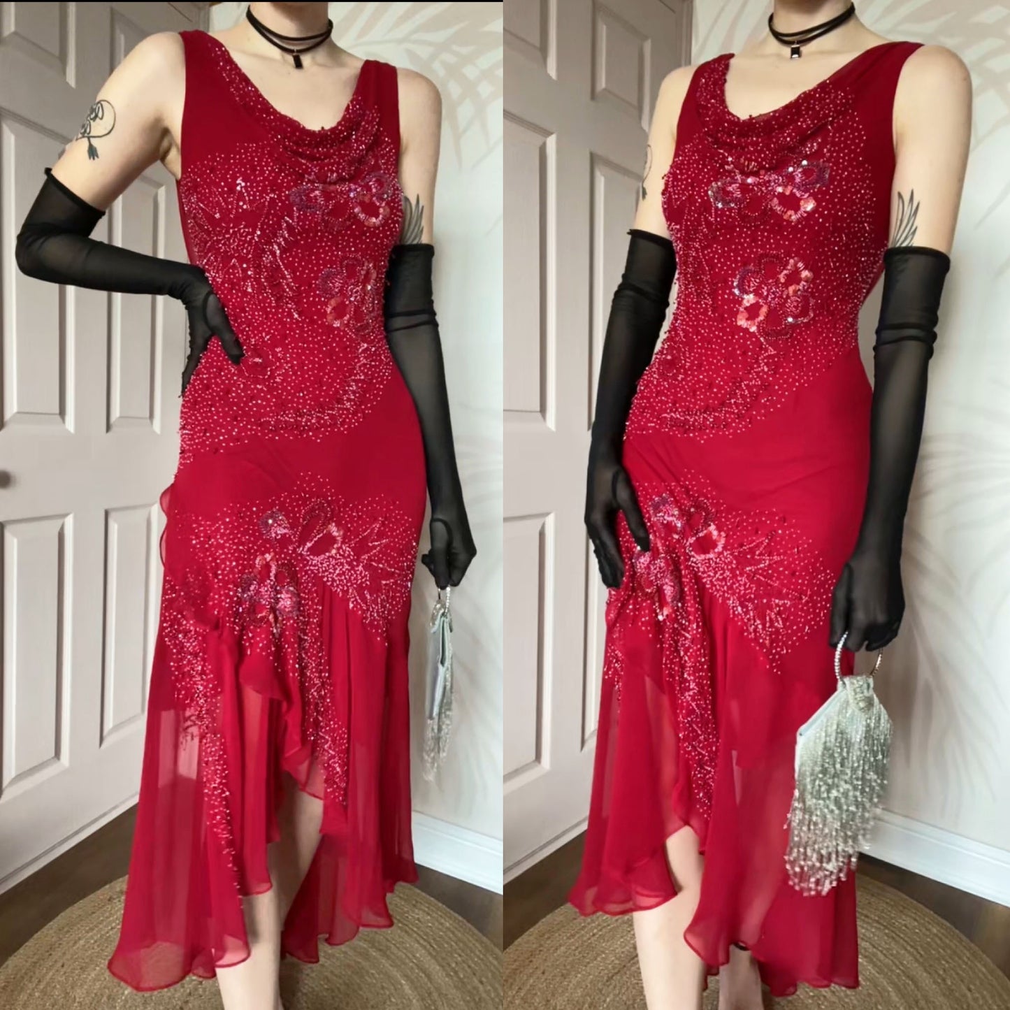 John Charles red beaded evening dress UK 12