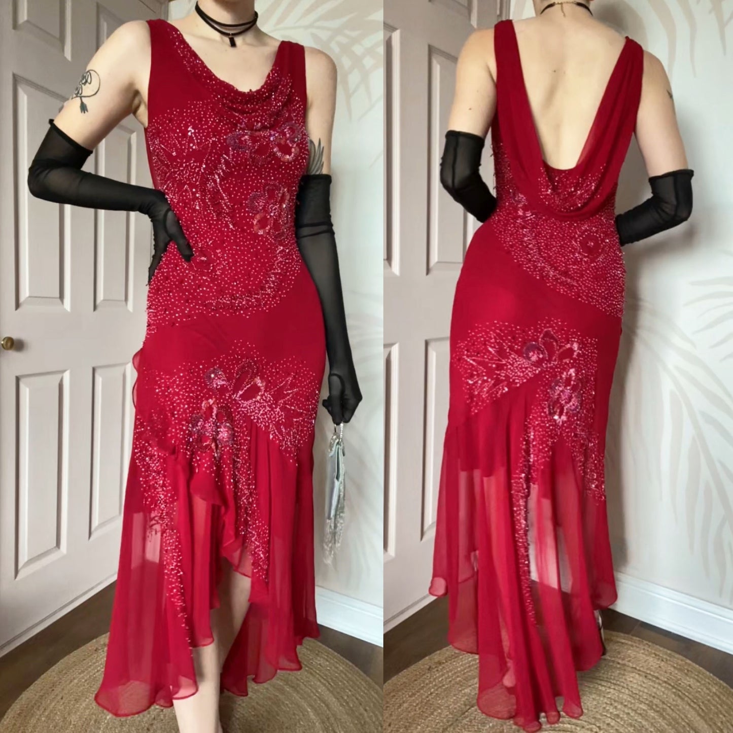 John Charles red beaded evening dress UK 12