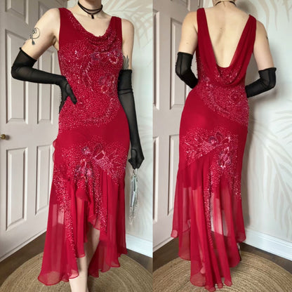 John Charles red beaded evening dress UK 12