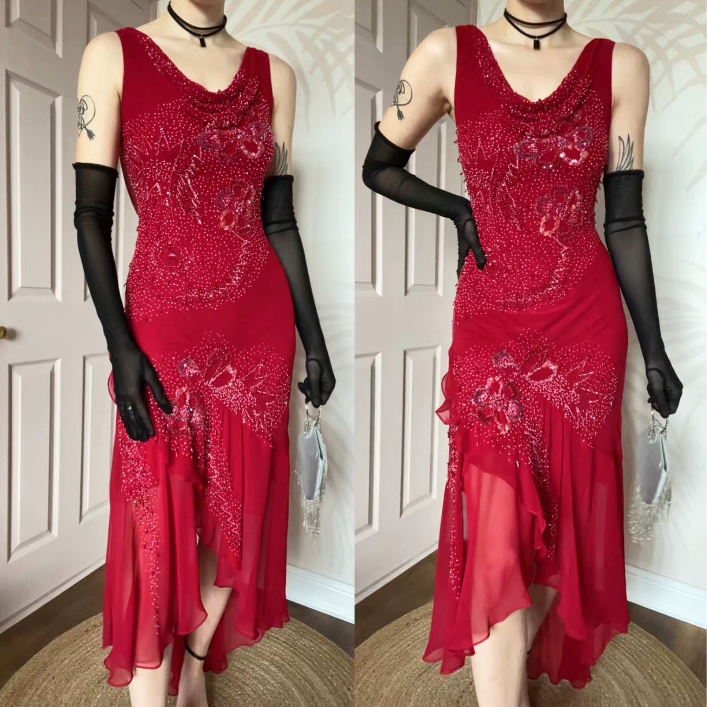 John Charles red beaded evening dress UK 12
