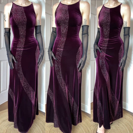 Dark purple stretch glittery evening dress UK 12