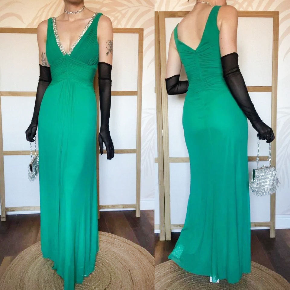 Green stretch beaded evening dress UK 10-12