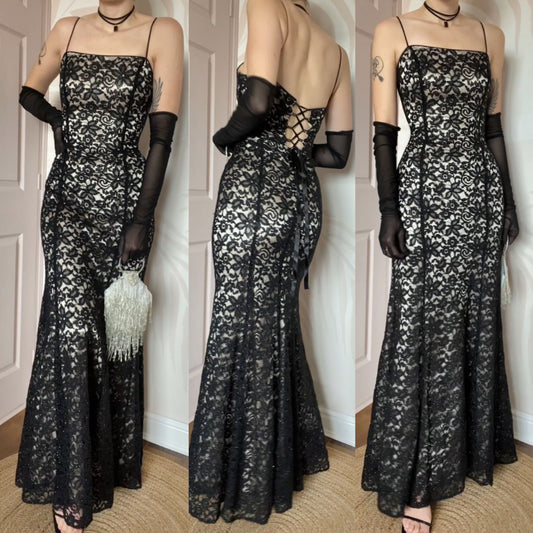 Black lace 90s fishtail evening dress UK 12