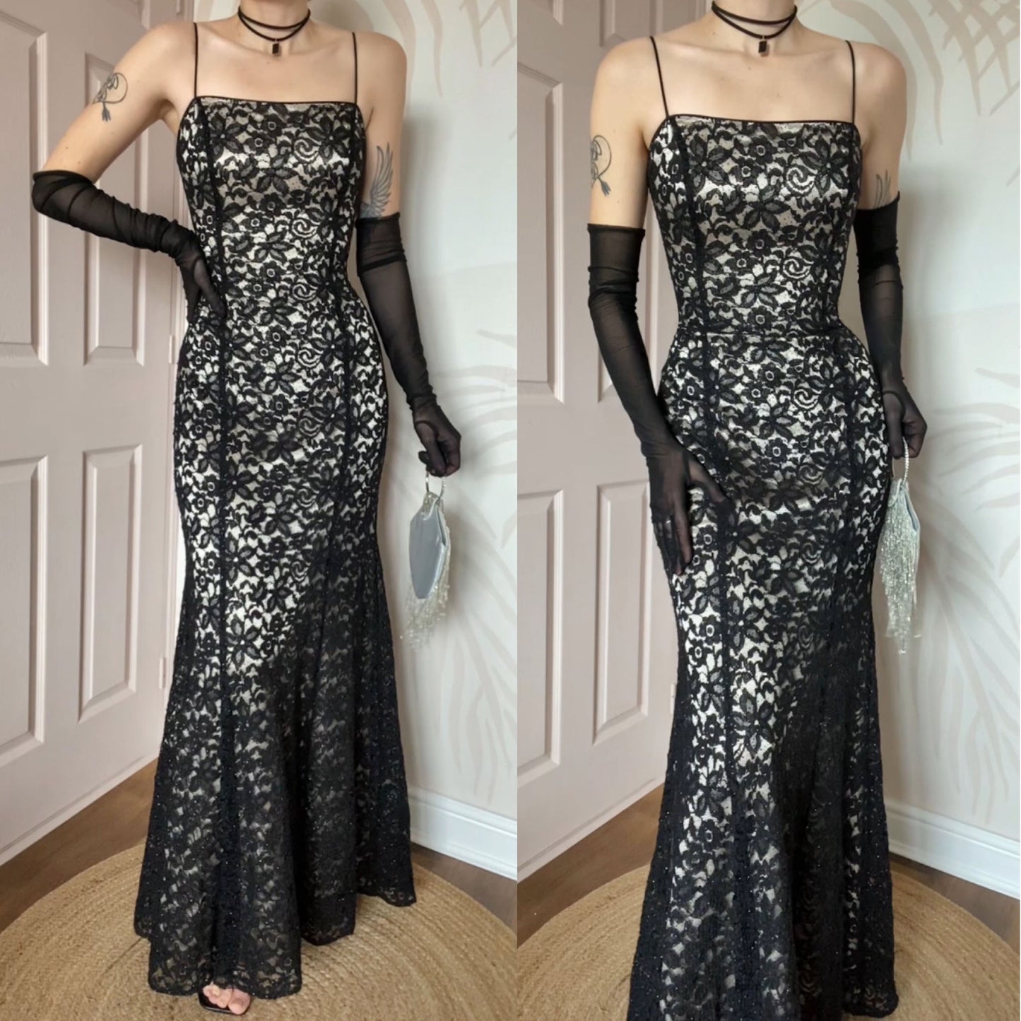 Black lace 90s fishtail evening dress UK 12