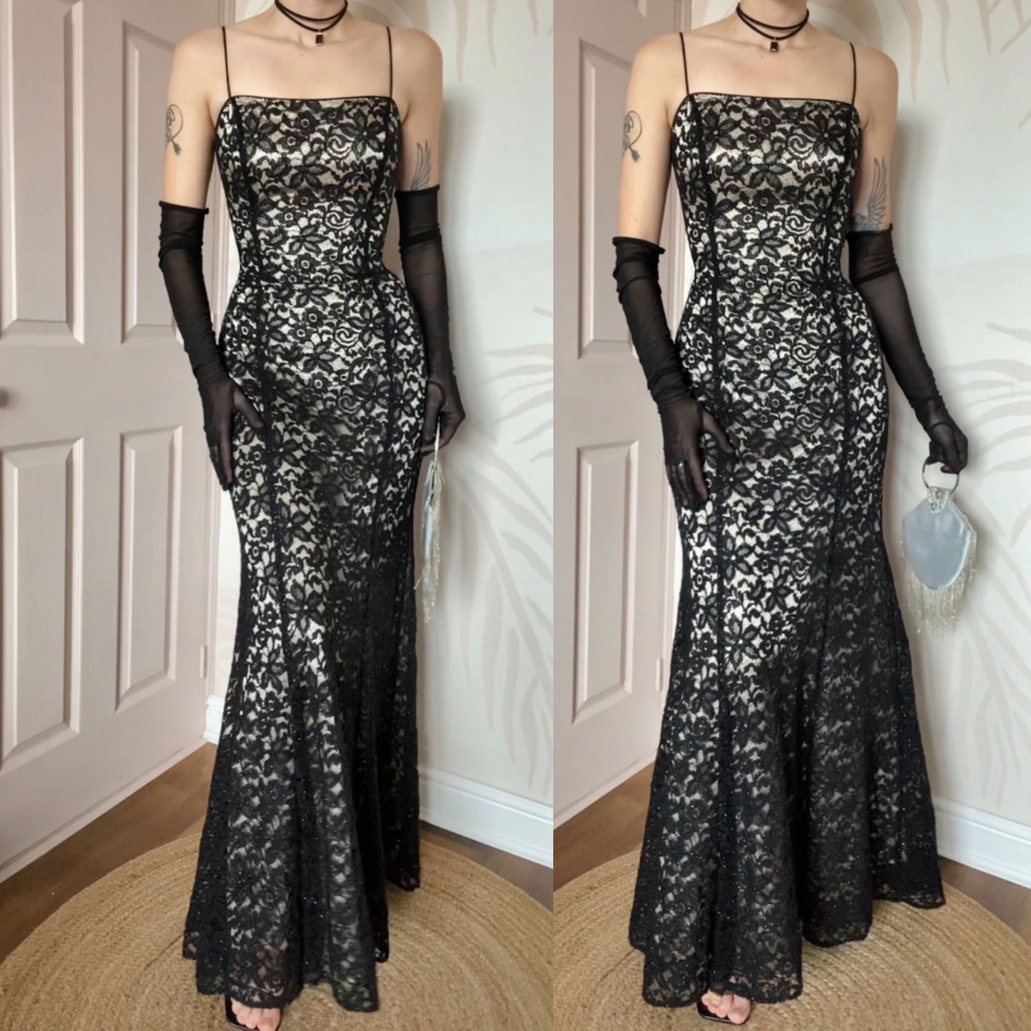 Black lace 90s fishtail evening dress UK 12