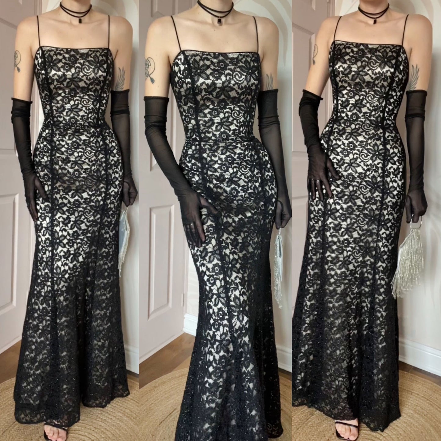 Black lace 90s fishtail evening dress UK 12