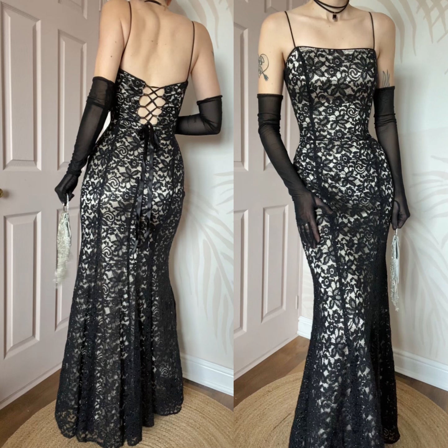 Black lace 90s fishtail evening dress UK 12