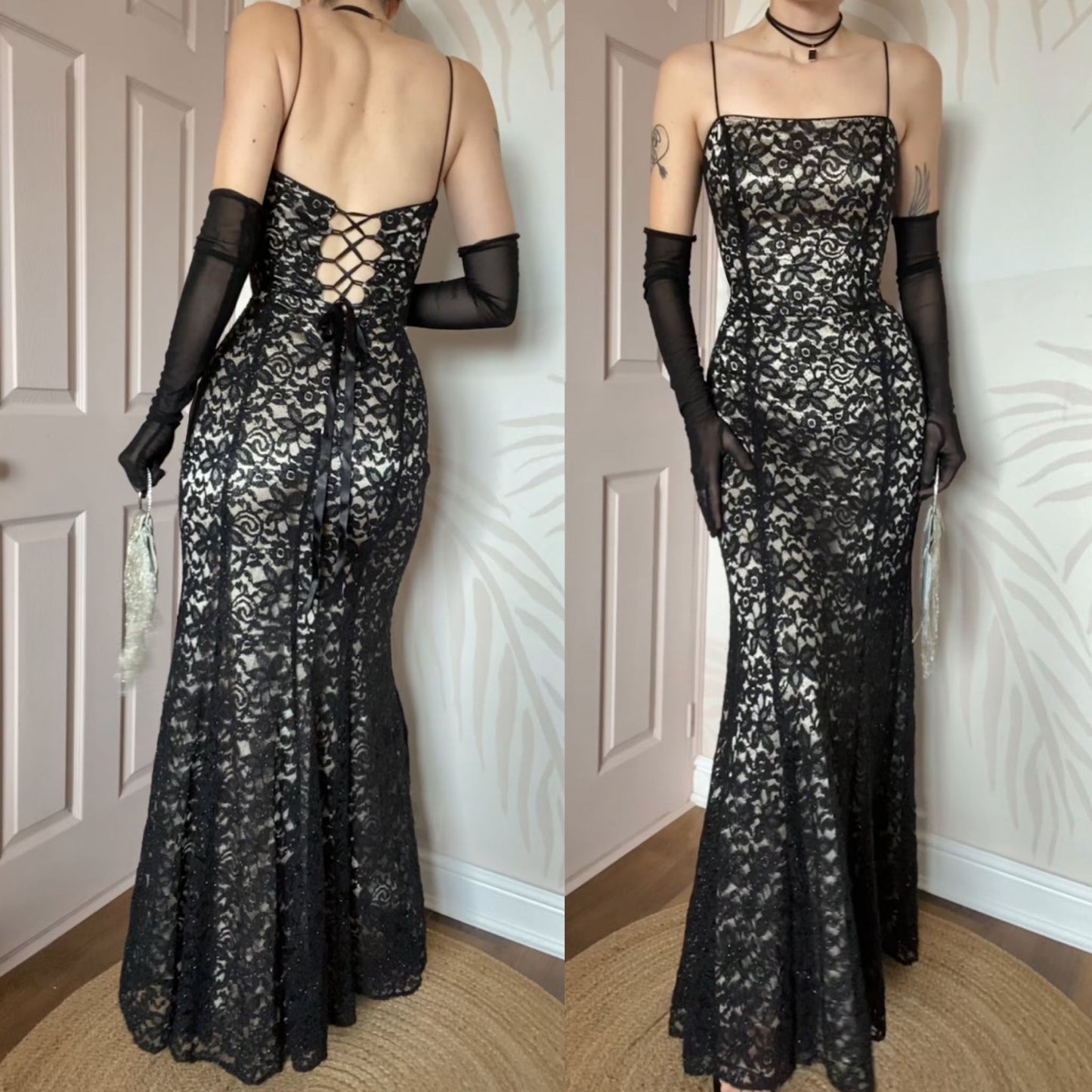 Black lace 90s fishtail evening dress UK 12