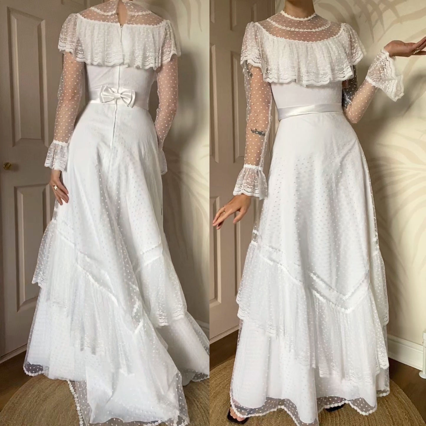 White 70s lace long sleeve wedding dress UK 10