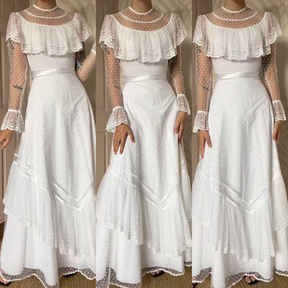 White 70s lace long sleeve wedding dress UK 10