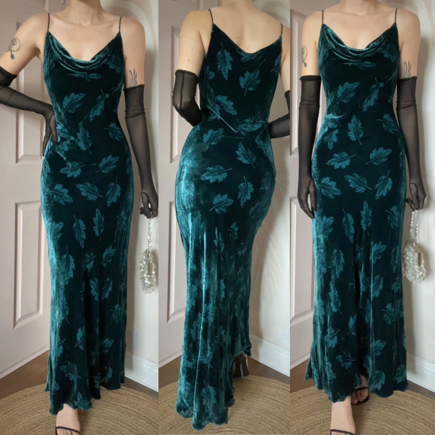 Monsoon teal leaf velvet slip dress UK 12