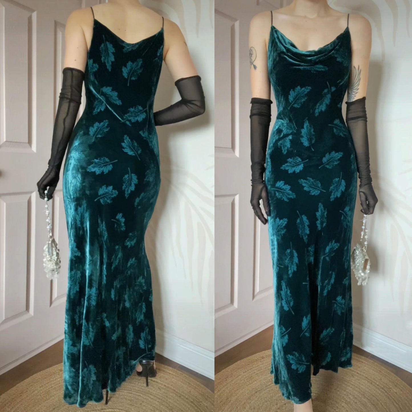 Monsoon teal leaf velvet slip dress UK 12