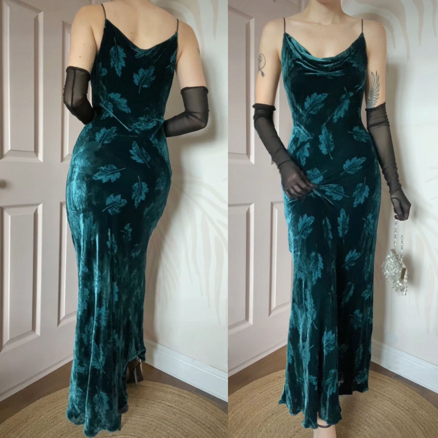 Monsoon teal leaf velvet slip dress UK 12