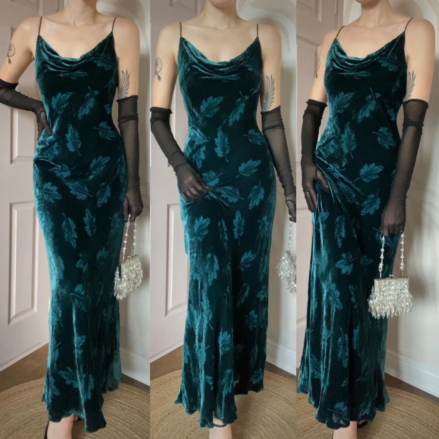 Monsoon teal leaf velvet slip dress UK 12