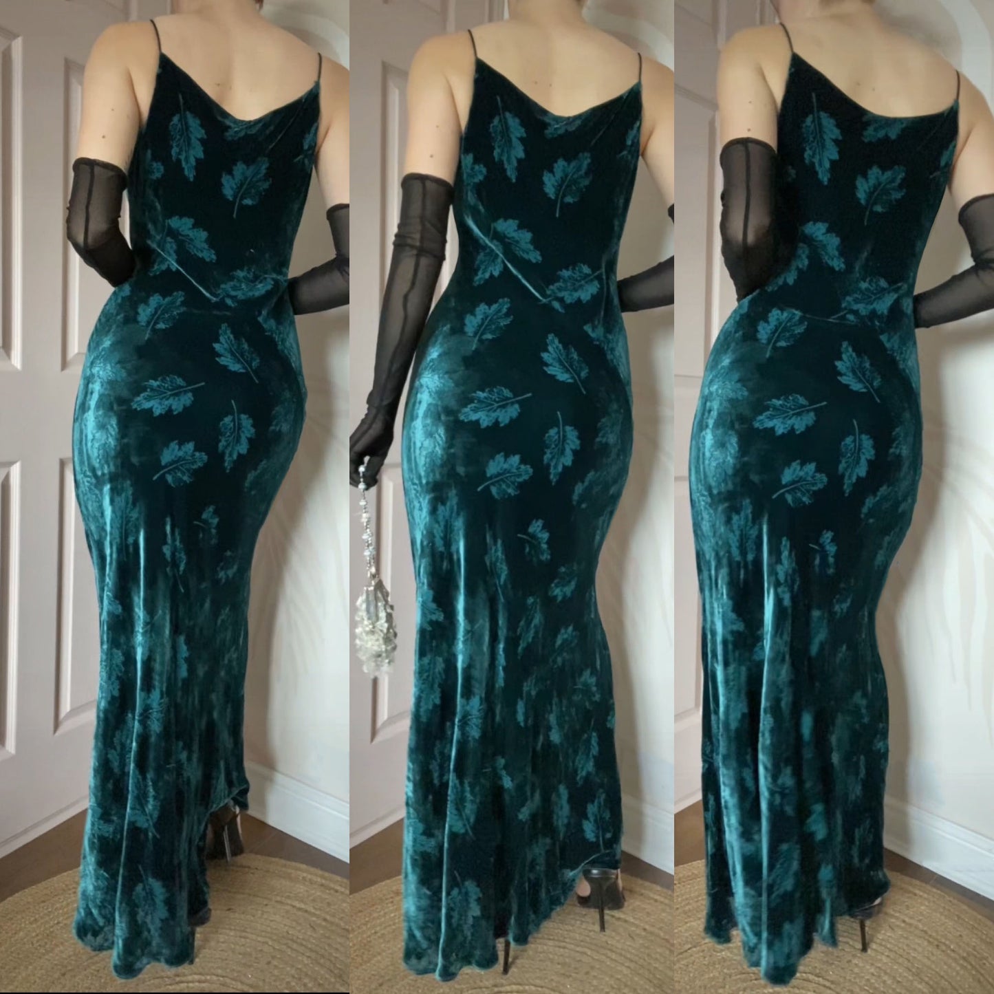 Monsoon teal leaf velvet slip dress UK 12