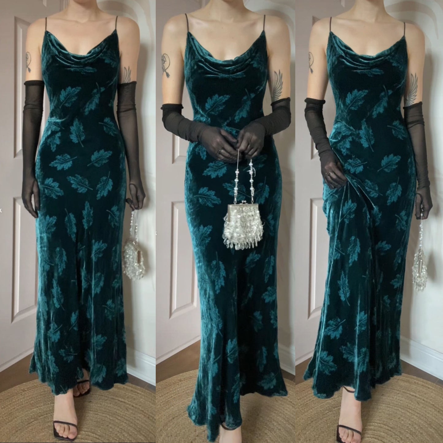 Monsoon teal leaf velvet slip dress UK 12