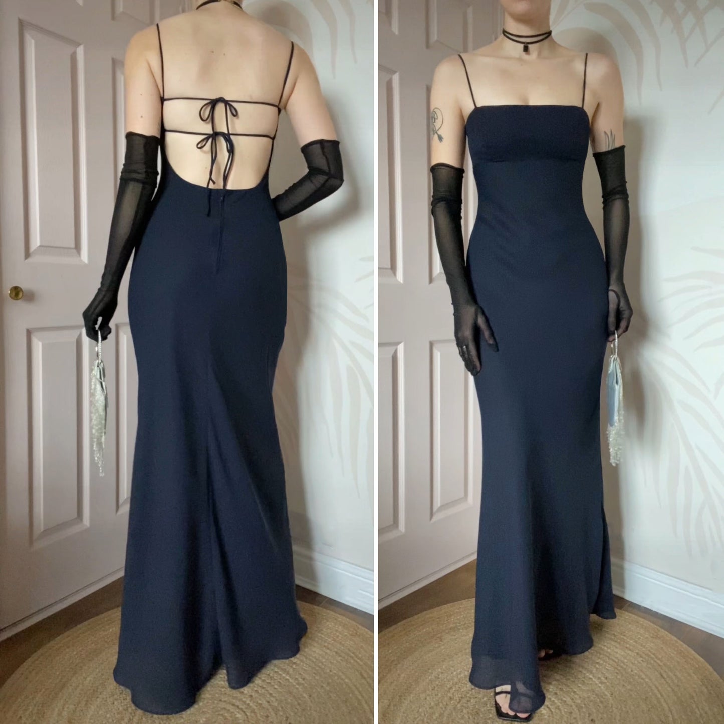 Morgan & Co navy open back evening dress UK 10