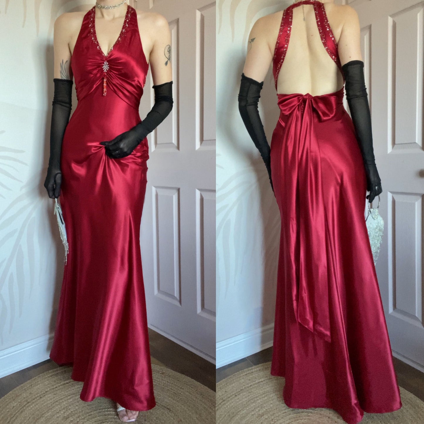 Niki Livas red satin evening dress UK 10