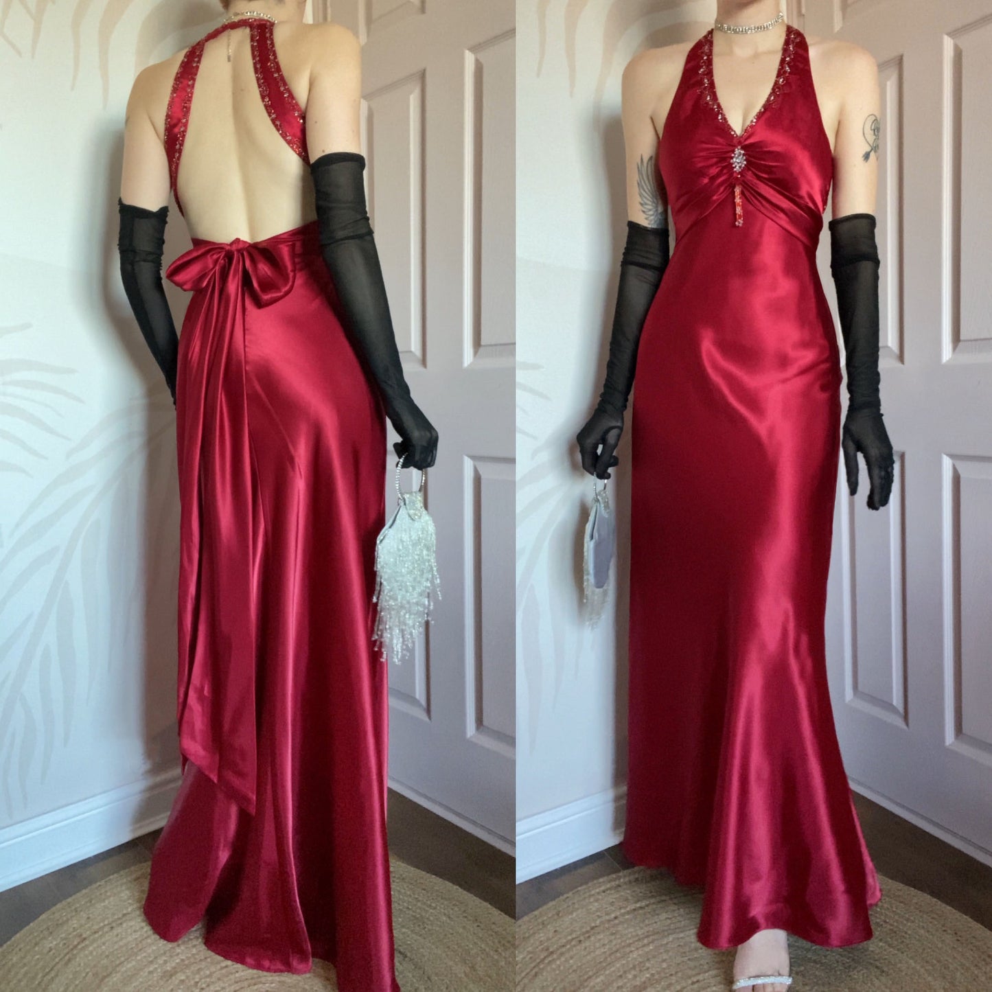 Niki Livas red satin evening dress UK 10