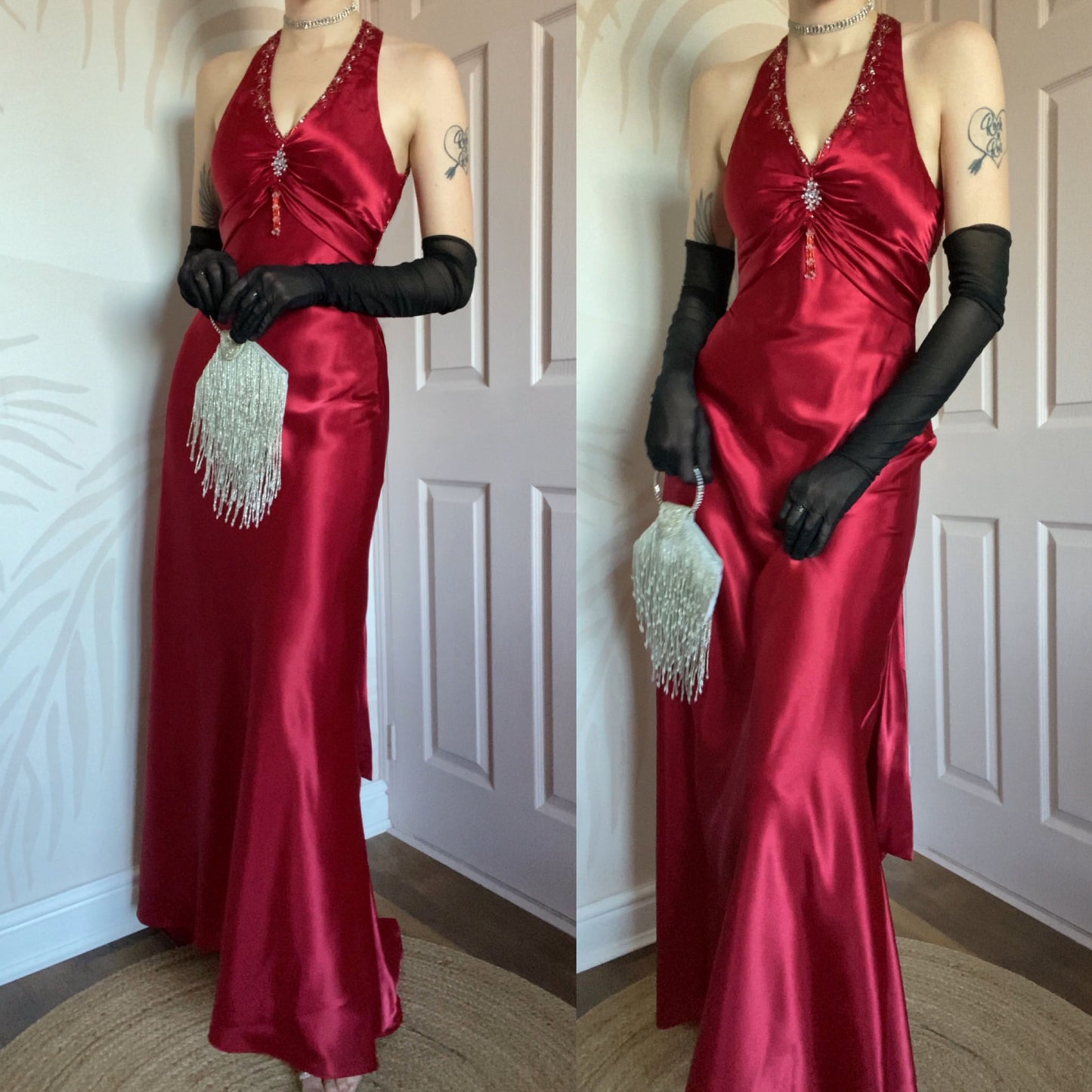 Niki Livas red satin evening dress UK 10