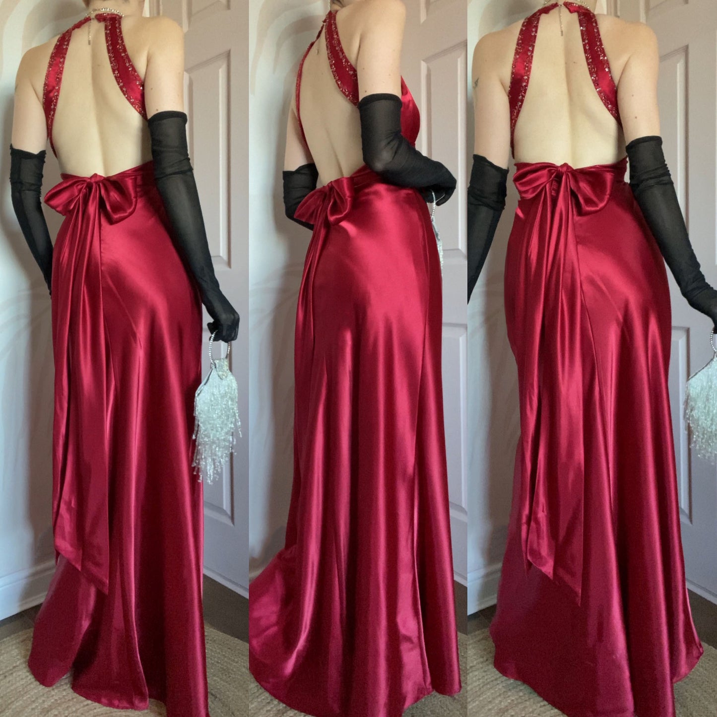 Niki Livas red satin evening dress UK 10