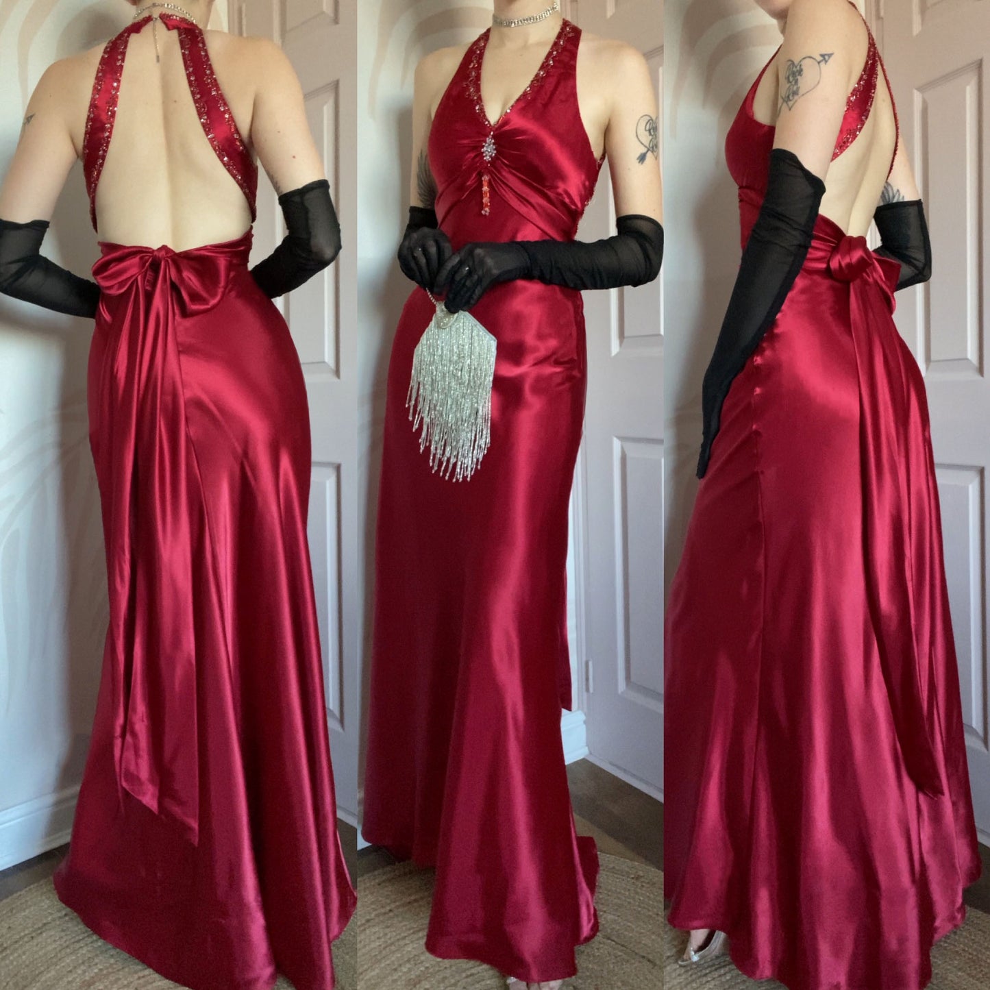 Niki Livas red satin evening dress UK 10