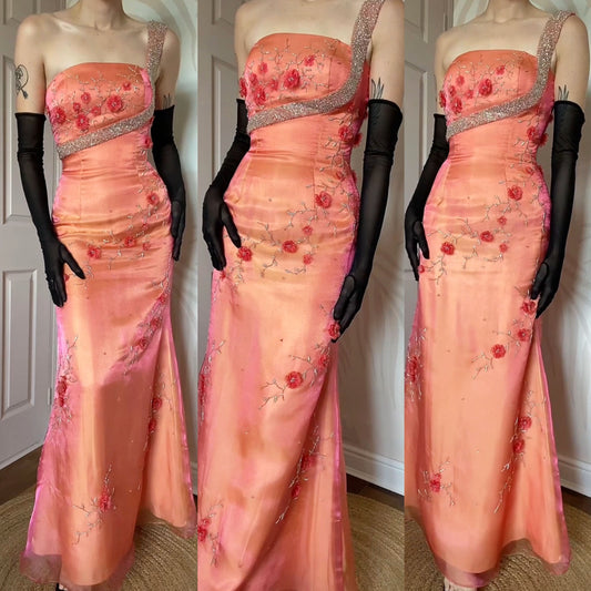 Orange one shoulder beaded floral evening gown UK 8