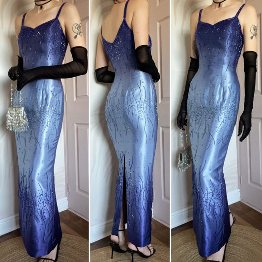 Yve London blue ombré beaded fitted prom dress UK 10