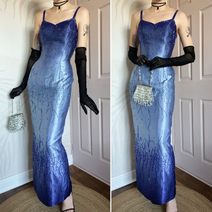 Yve London blue ombré beaded fitted prom dress UK 10