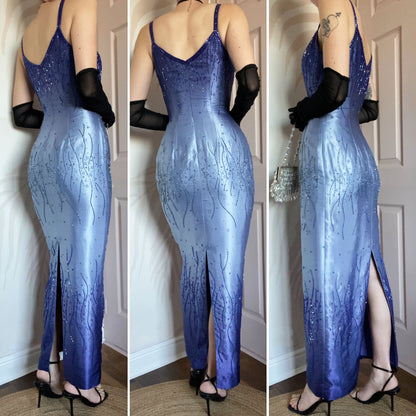 Yve London blue ombré beaded fitted prom dress UK 10