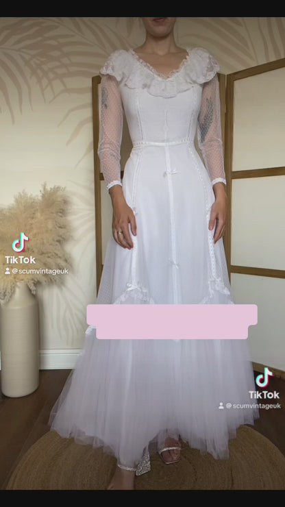 Vintage Ellis 70s white polka dot lace wedding dress uk 10-12