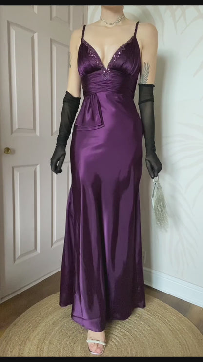 Purple satin Dave & Johnny evening dress UK 8