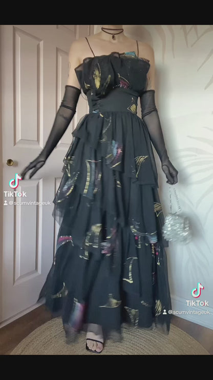John Charles vintage black layered evening gown UK 12