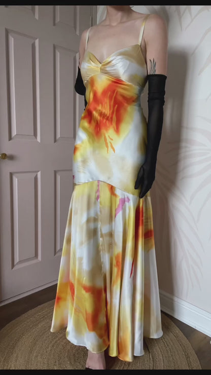 Betsy & Adam satin print fishtail evening gown UK 12