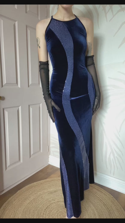 Blue Velvet Sequin Stretch Evening Gown UK 12