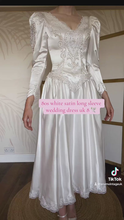 Ivory 80s satin long sleeve midi dress uk 8