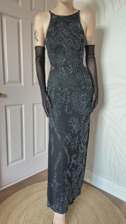 Black Kaleidoscope Heavily Beaded Open Back Dress UK 12