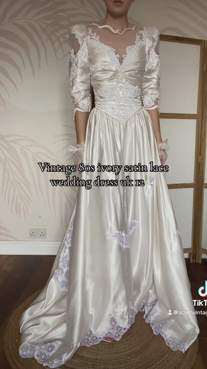 Ivory satin 80s lace & pearl wedding dress UK 12