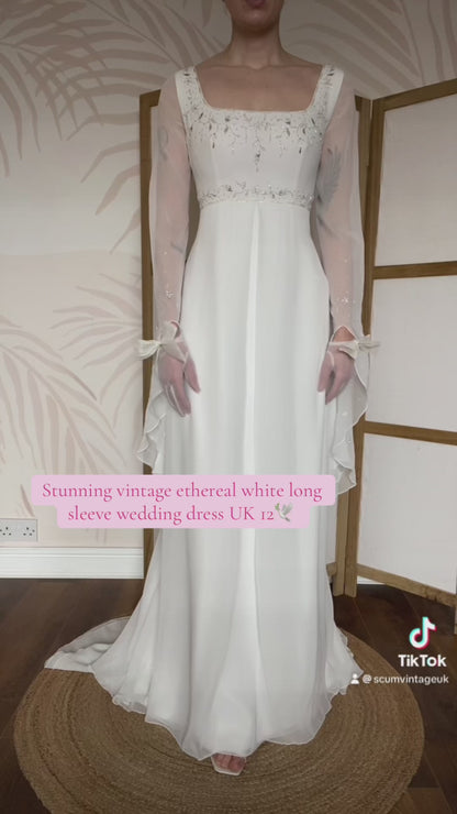 White long sleeve ethereal wedding dress UK 12