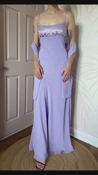 YVE London purple chiffon evening dress & shawl UK 14
