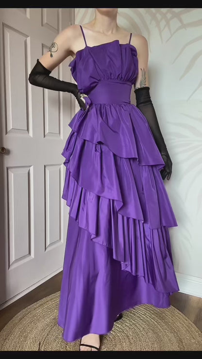 80s John Charles purple flared evening gown UK 12