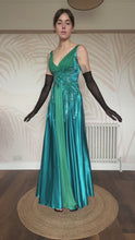 Load and play video in Gallery viewer, Blue &amp; Green Butterfly Evening Gown UK 6
