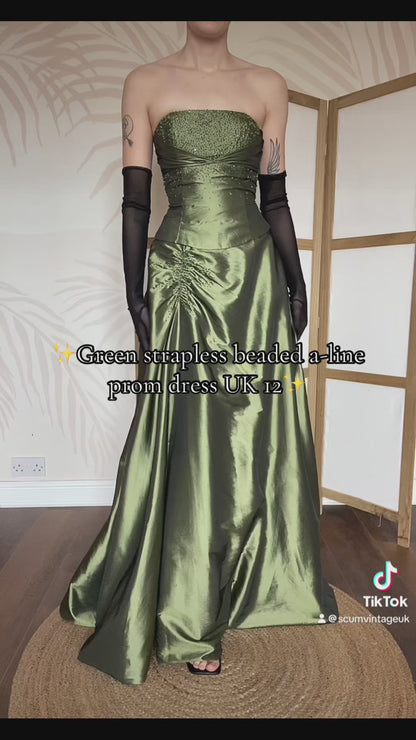 Green beaded Niki Livas strapless prom dress UK 12