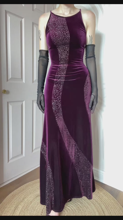 Dark purple stretch glittery evening dress UK 12