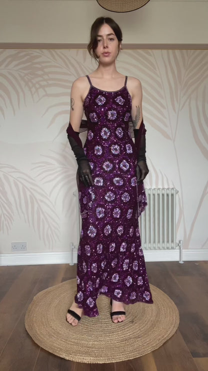 Purple Aftershock sequin 100% silk evening gown & shawl UK 10